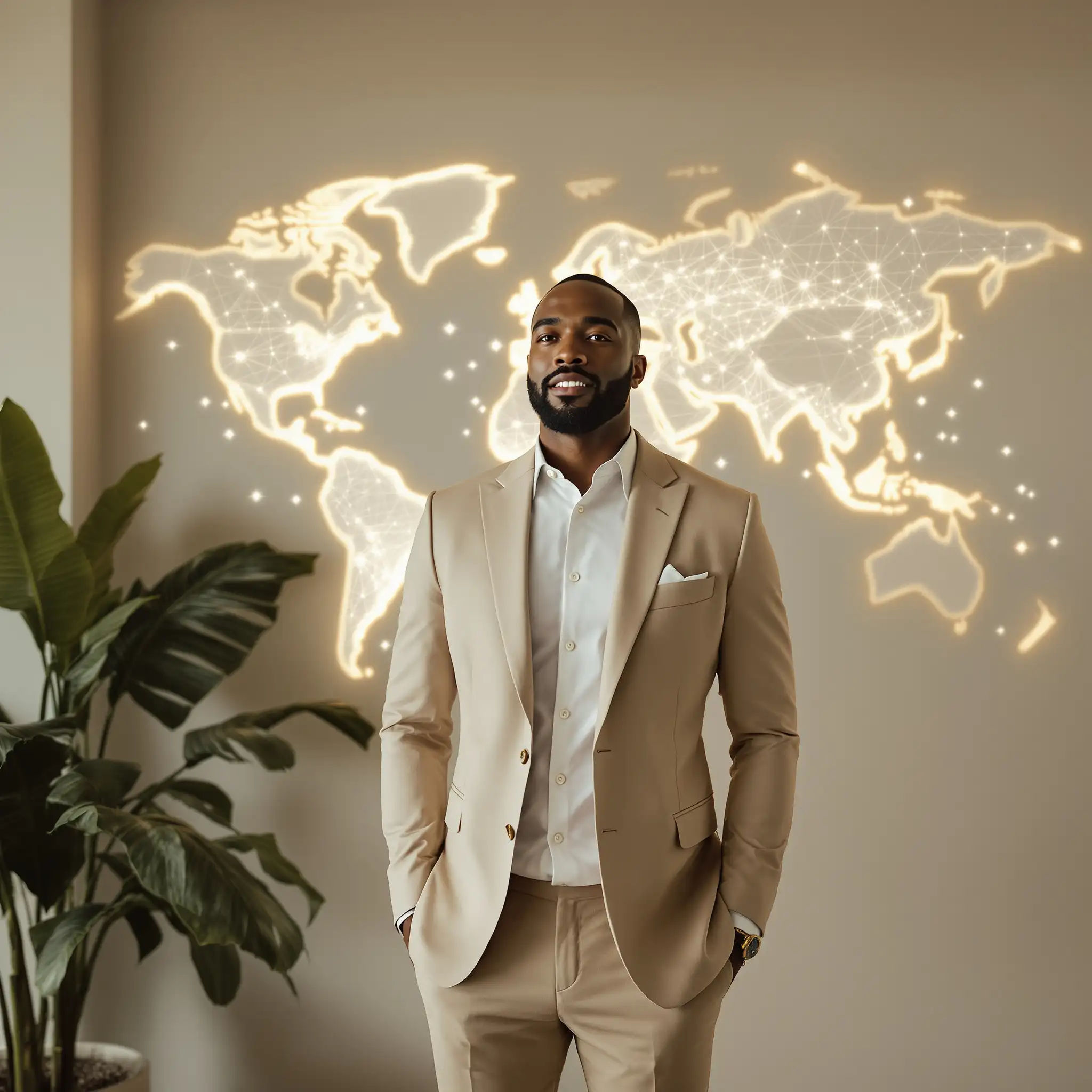 Homme d'affaires caribéen devant une carte du monde - IT Luxuoso